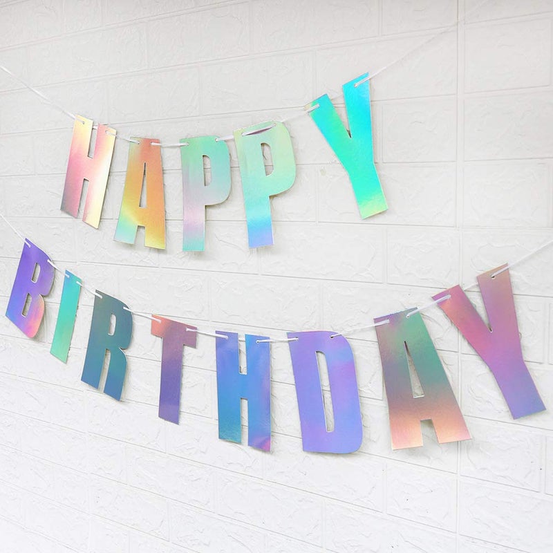 Fermus Pre-Strung Holographic Happy Birthday Banner - NO DIY - Iridescent White Hanging Bunting Garland Party Decorations - Image 2